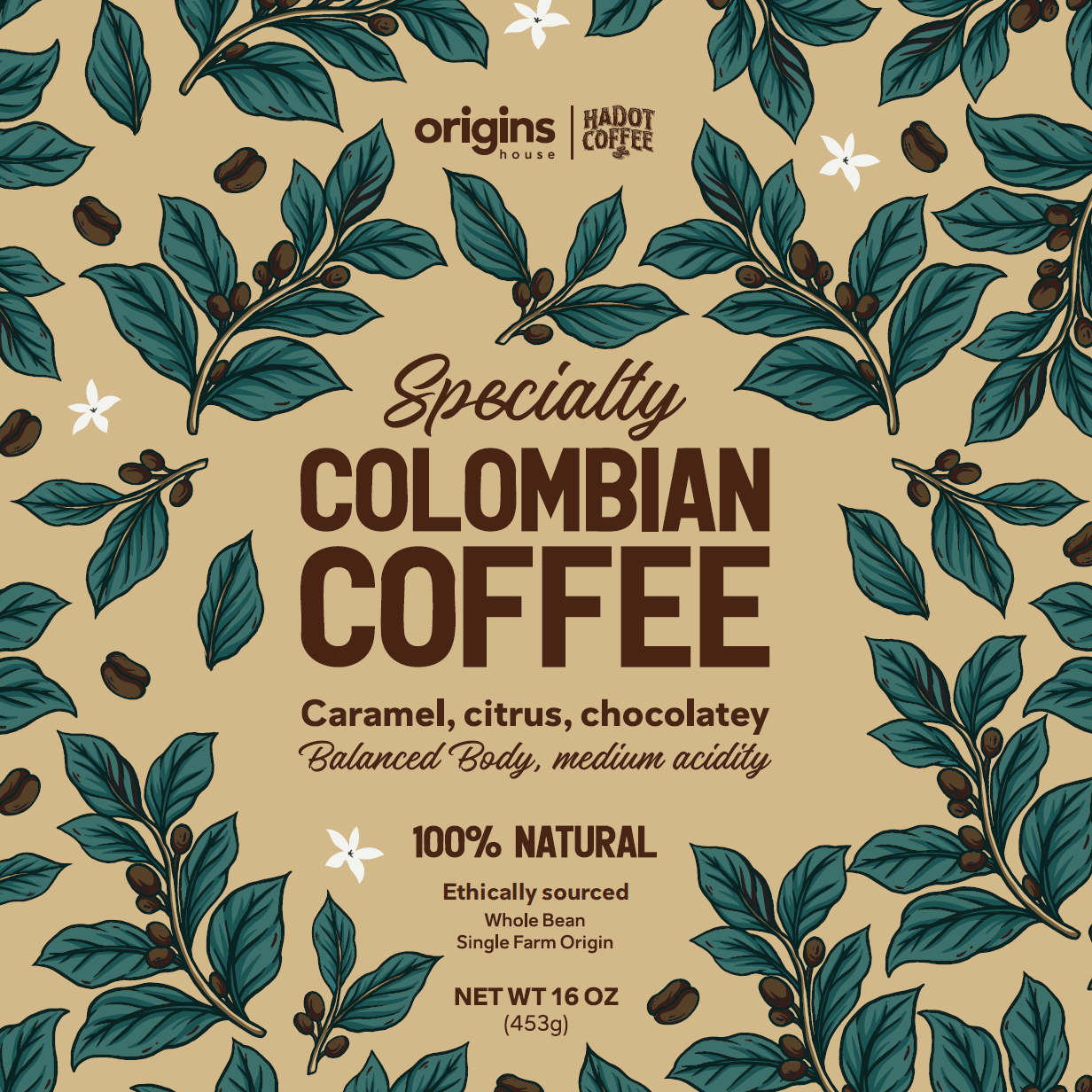 ORIGINS HOUSE Specialty Colombian Coffee: 16 oz (1 LB) Whole Coffee Beans - 85 Cupping Score